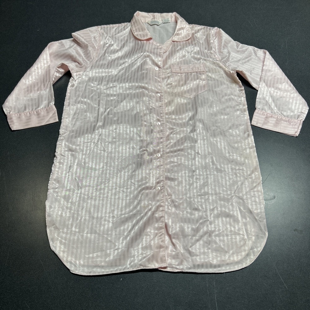 Vintage Kathryn Long Sleeve Pink Satin Nightgown L Sleep Shirt Striped